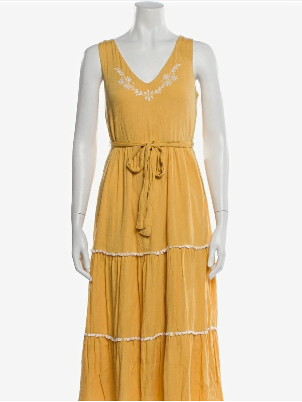 Joie Womens Yellow Sleeveless V-Neck Tie Waist Embroidered Maxi Dress sz 2